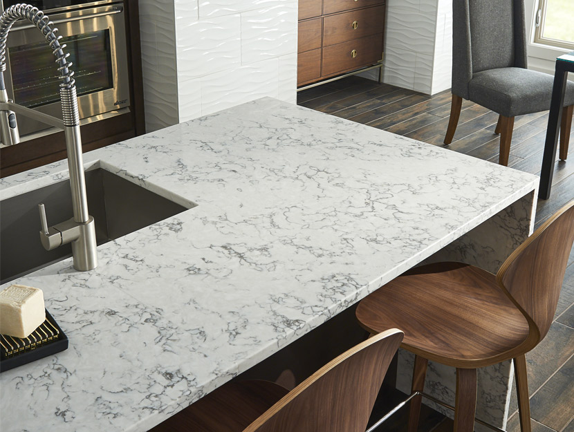 Lumaluxe quartz countertop shown in the kitchen as an island with a waterfall edge